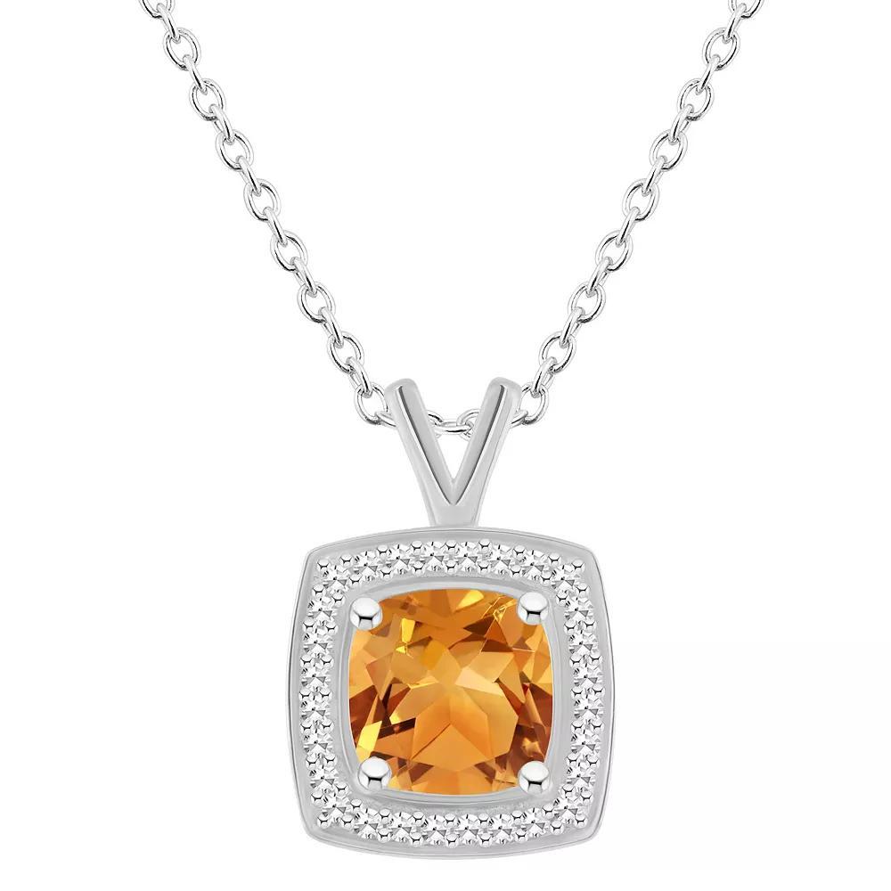 Celebration Gems Sterling Silver Cushion Gemstone & 1/8 Carat T.W. Diamond Halo Pendant Necklace, Women's, Size: 18", Citrine Product Image