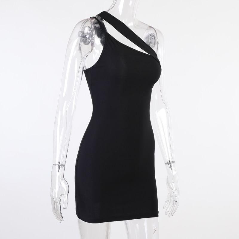 Sleeveless One-Shoulder Plain Asymmetrical Mini Bodycon Dress Product Image