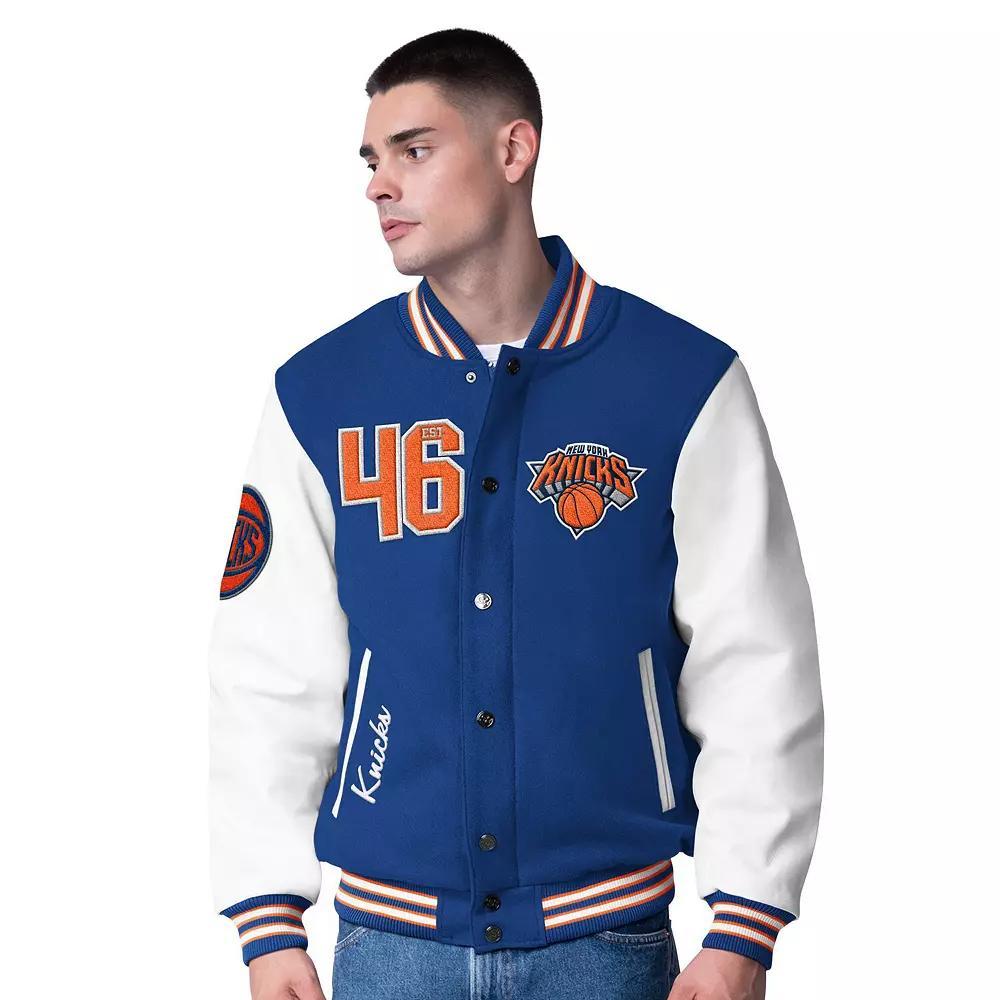 Men's G-III Sports by Carl Banks  Blue New York Knicks Moneyball Wool & Leather Full-Snap Varsity Jacket, Size: Medium Product Image