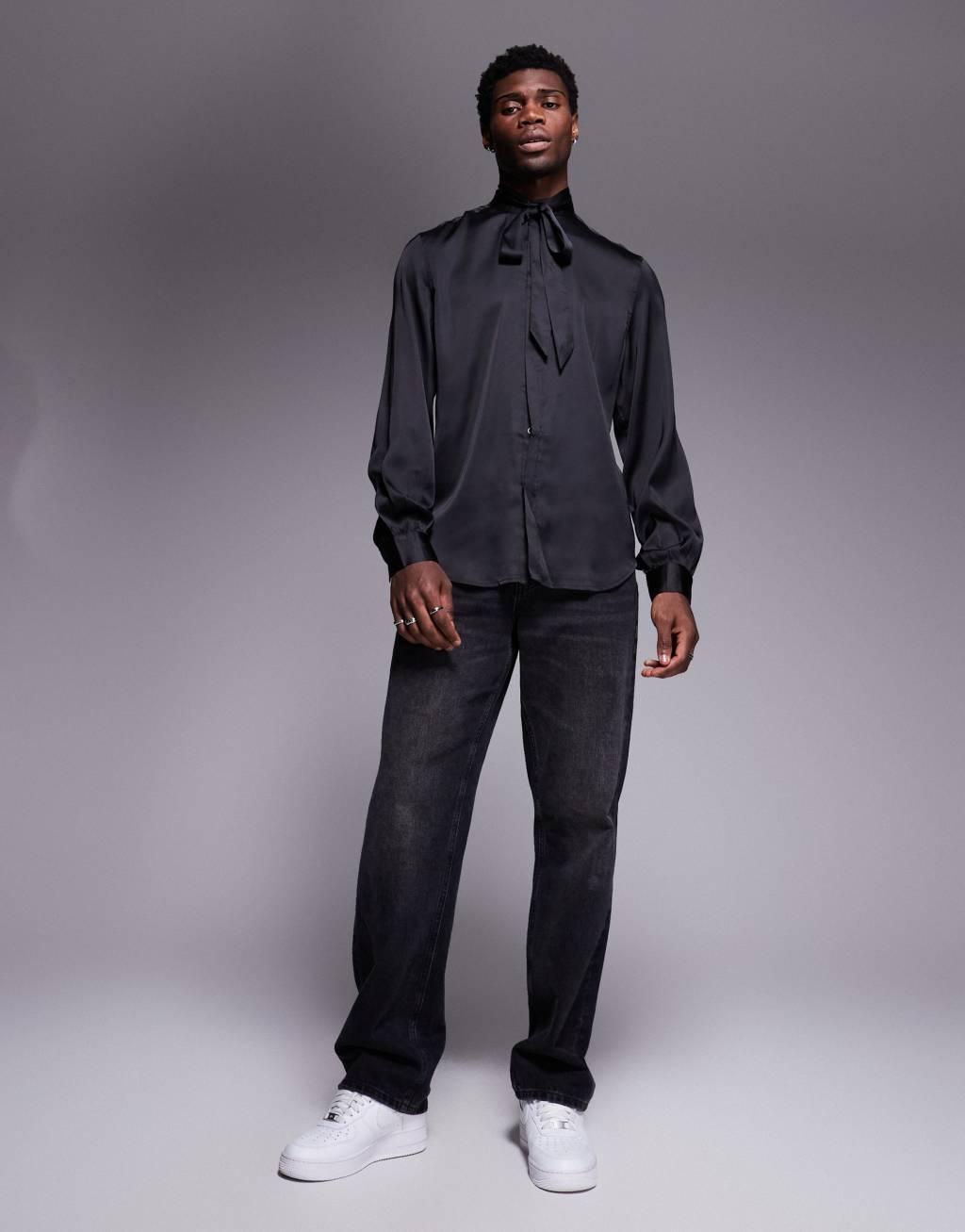 ASOS DESIGN satin regular shirt with tie neck and blouson volume sleeve Product Image