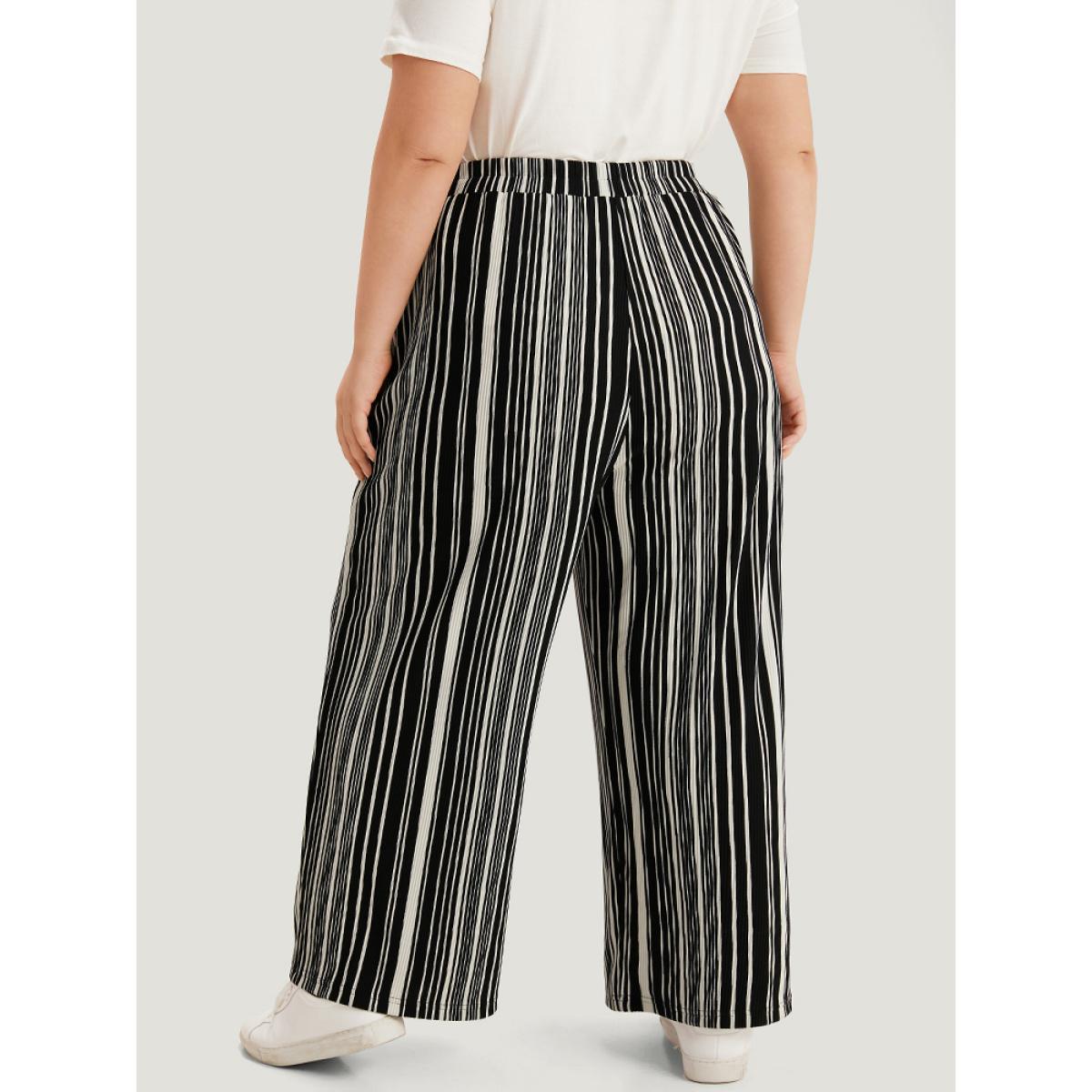 Plus Size Striped Elastic Waist Pocket Loose Pants Women Black Casual Wide Leg High Rise Dailywear Pants BloomChic 26/4X Product Image