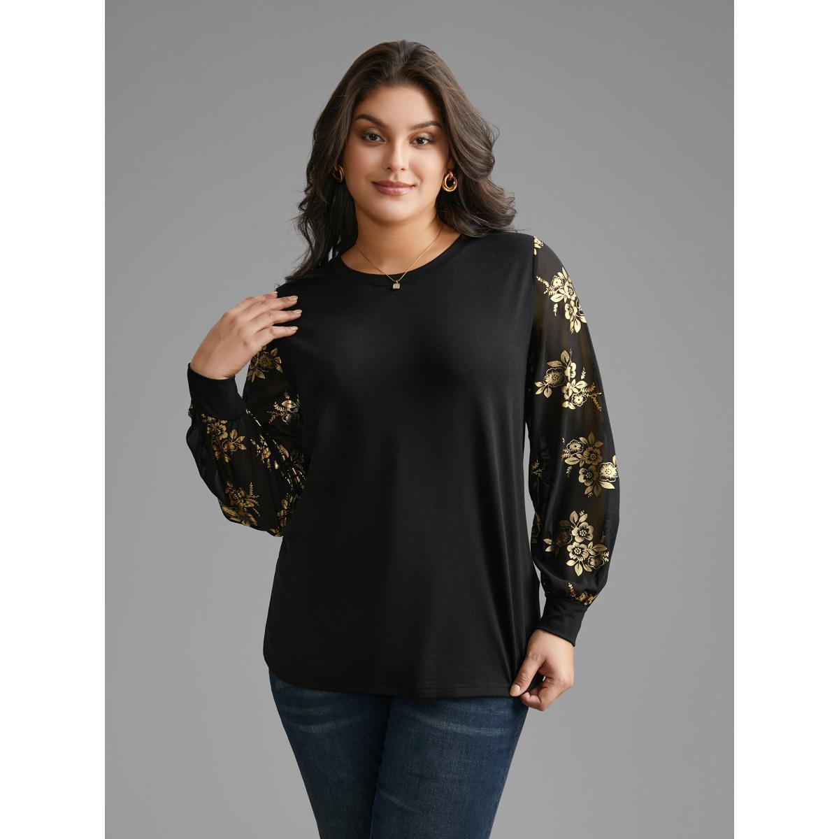 Plus Size Glitter Floral Patchwork Mesh T-shirt Black Women Elegant Contrast Natural Flowers Round Neck Everyday T-shirts BloomChic 18-20/2X Product Image