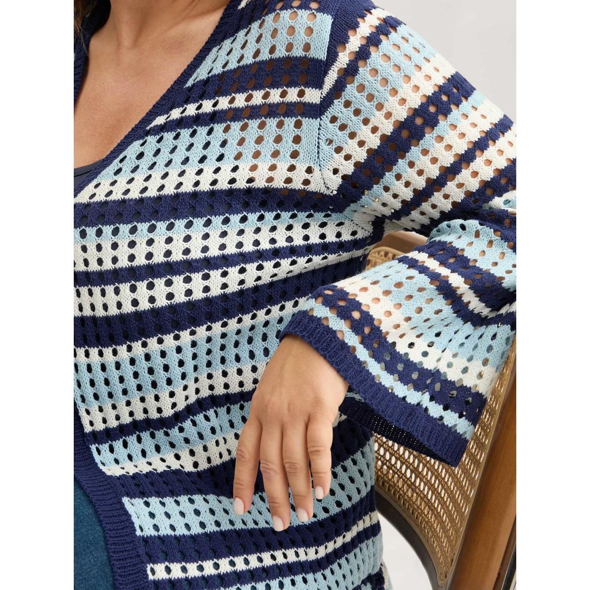 Plus Size Crochet Color Stripes Flared Sleeve Knit Cardigan Indigo Women Loose Long Sleeve Everyday-Casual Cardigans BloomChic 14-16/1X Product Image