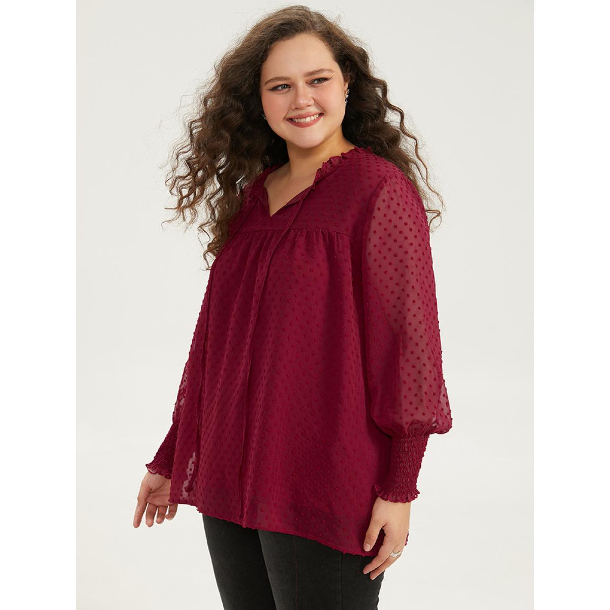 Plus Size Scarlet Halloween Solid Tie Neck Shirred Blouse Women Elegant Long Sleeve Tie Neck Festival-Halloween Blouses BloomChic 14-16/1X Product Image