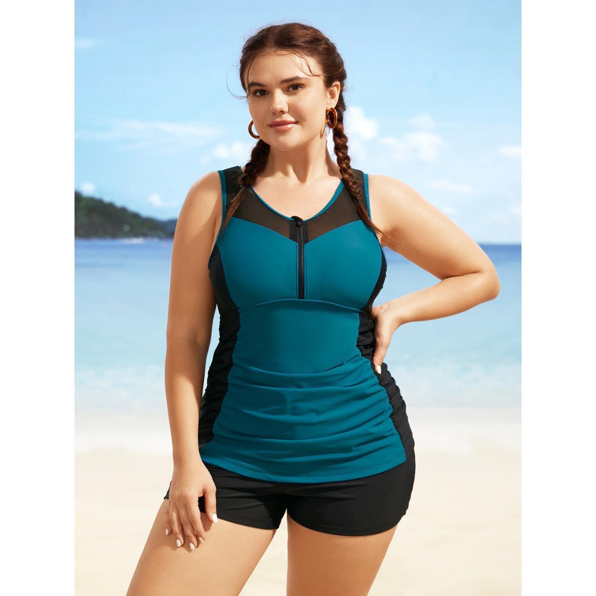 Plus Size Contrast Patchwork Gathered Half Zip Swim Top Women's Swimwear Teal Beach Gathered High stretch Skinny Round Neck Curve Swim Tops BloomChic 14-16/1X Product Image