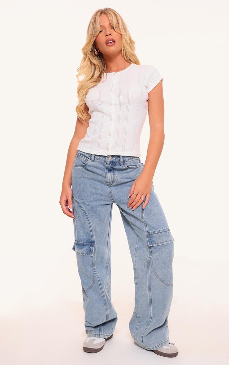 White Pointelle Button Up Long Top Product Image