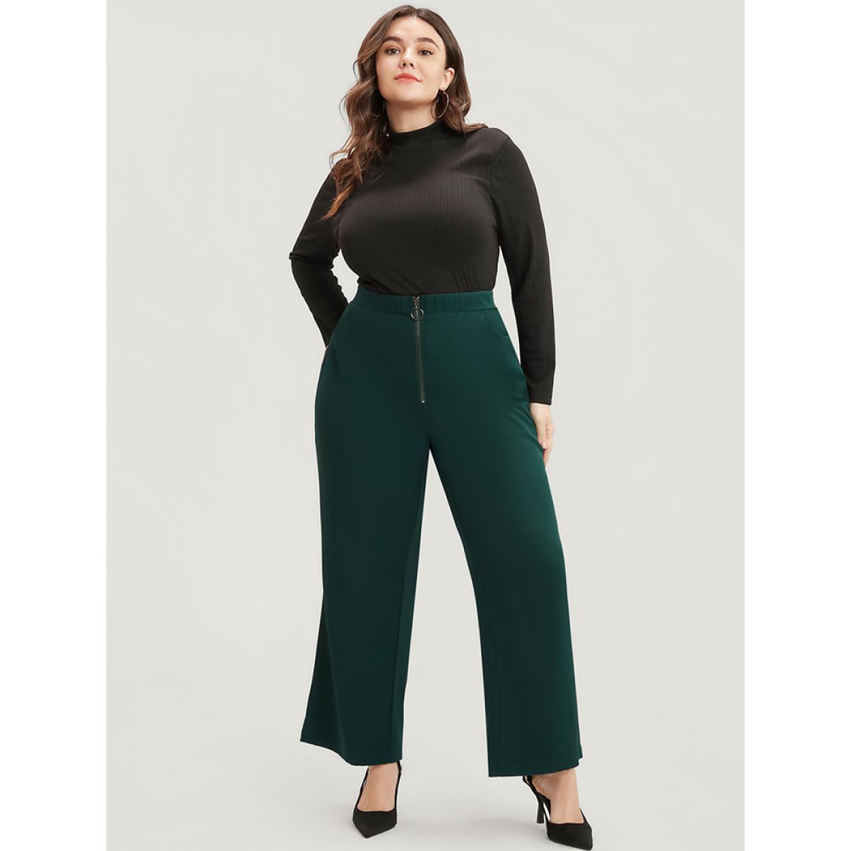 Plus Size Solid O Ring Zipper Pocket Elastic Waist Wide Leg Pants Women DarkGreen Office Wide Leg High Rise Work Pants BloomChic 26/4X Product Image