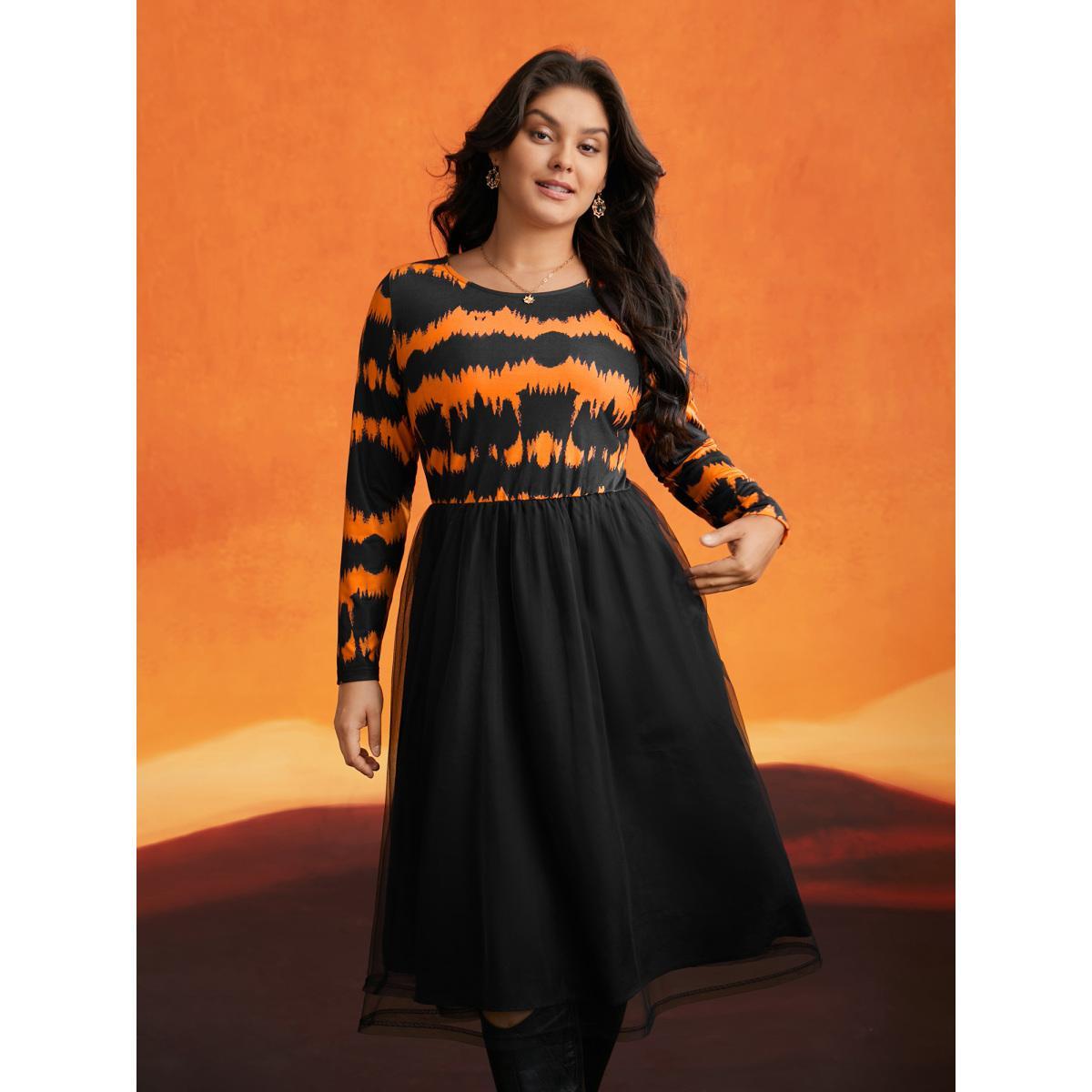 Plus Size Soft Knit And Chiffon Contrast Midi Dress Brightorange Women Cocktail Contrast Party Curvy Bloomchic 26/4X Product Image