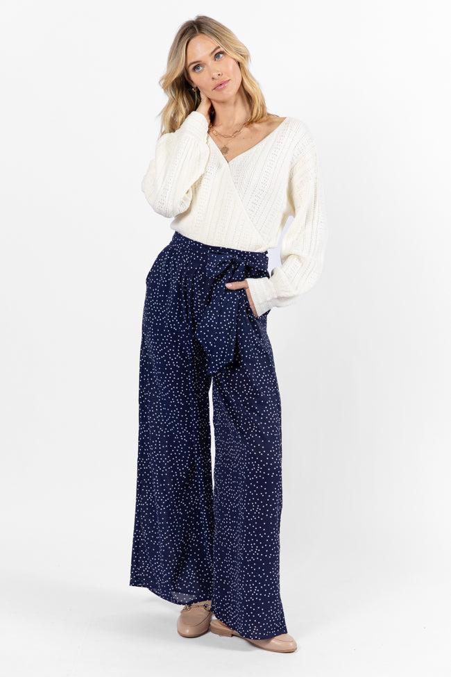 Over The Blues Navy Polka Dot Belted Wide Leg Pants FINAL SALE Product Image