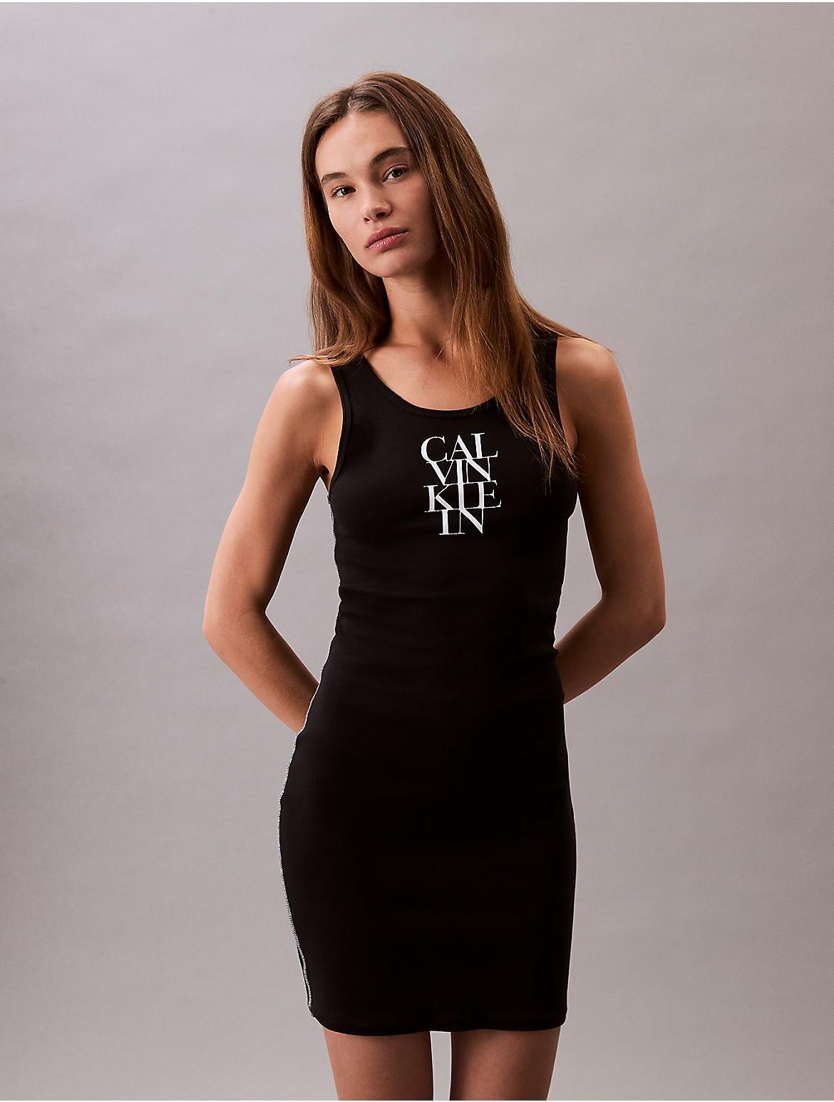 Calvin Klein Womens Cotton Rib Logo Graphic Mini Tank Dress - Neutral Product Image