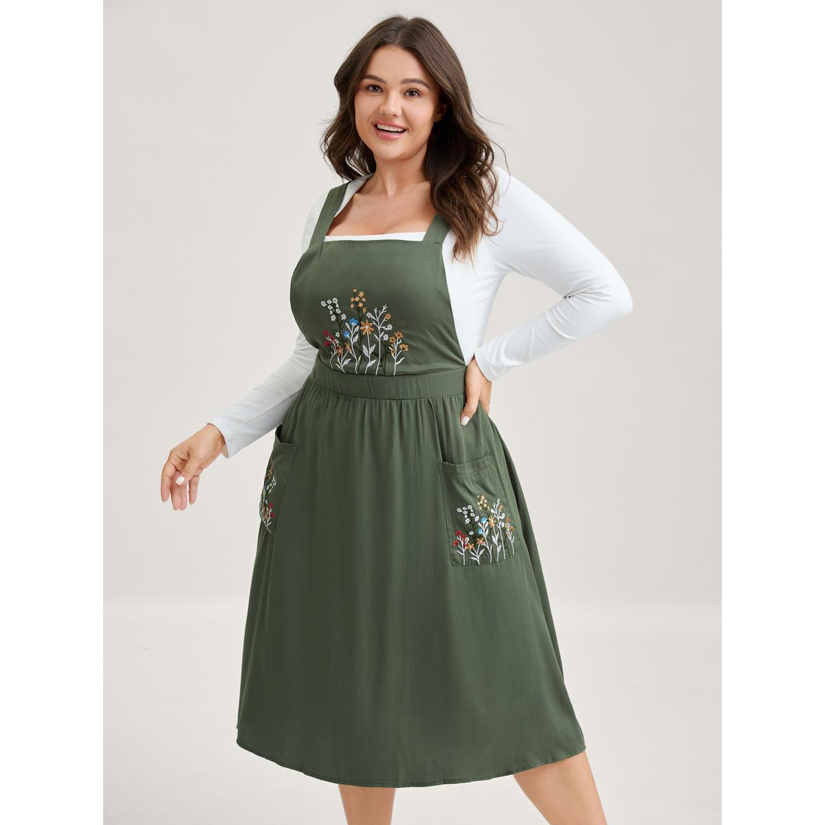 Plus Size Rayon Floral Embroidery Stretchy Waist Midi Dress ArmyGreen Women Non Sleeveless Curvy BloomChic 26/4X Product Image