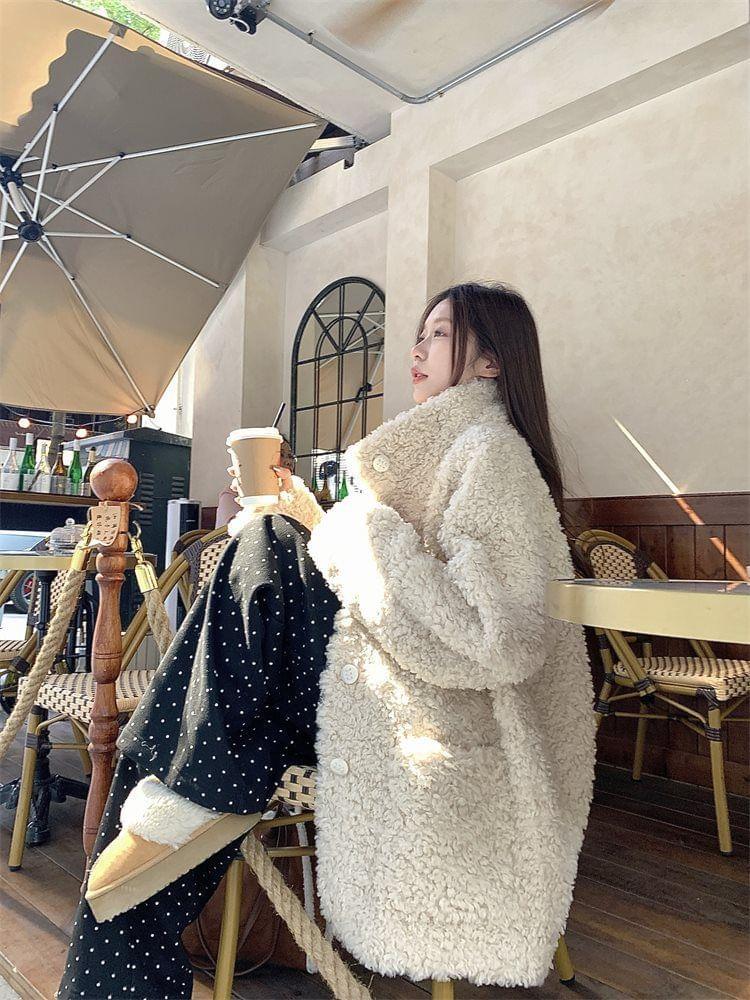Stand Collar Plain Button-Up Fleece Jacket / High Waist Dotted Wide Leg Pants Product Image