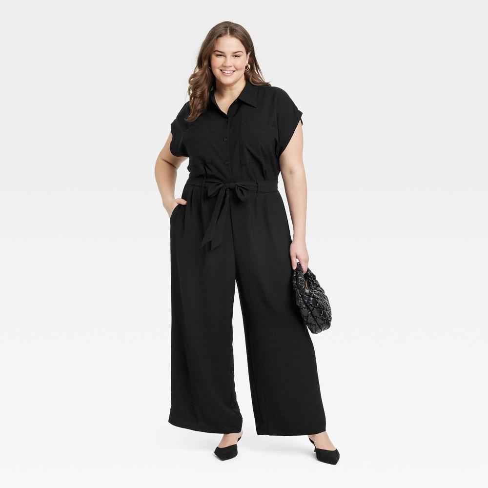 Womens Short Sleeve Jumpsuit - A New Day Black 2X: Collared, Front Button Down, Back Elastic Product Image