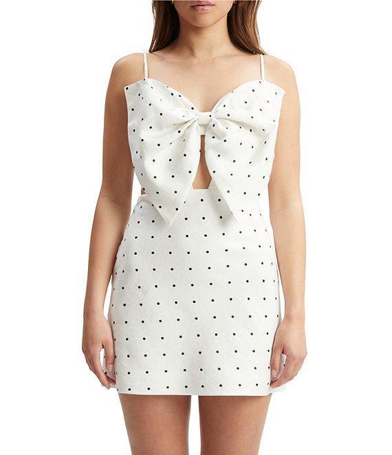 Bardot Vieda Linen Dotted Print Sweetheart Neck Sleeveless Bow Sheath Mini Dress Product Image