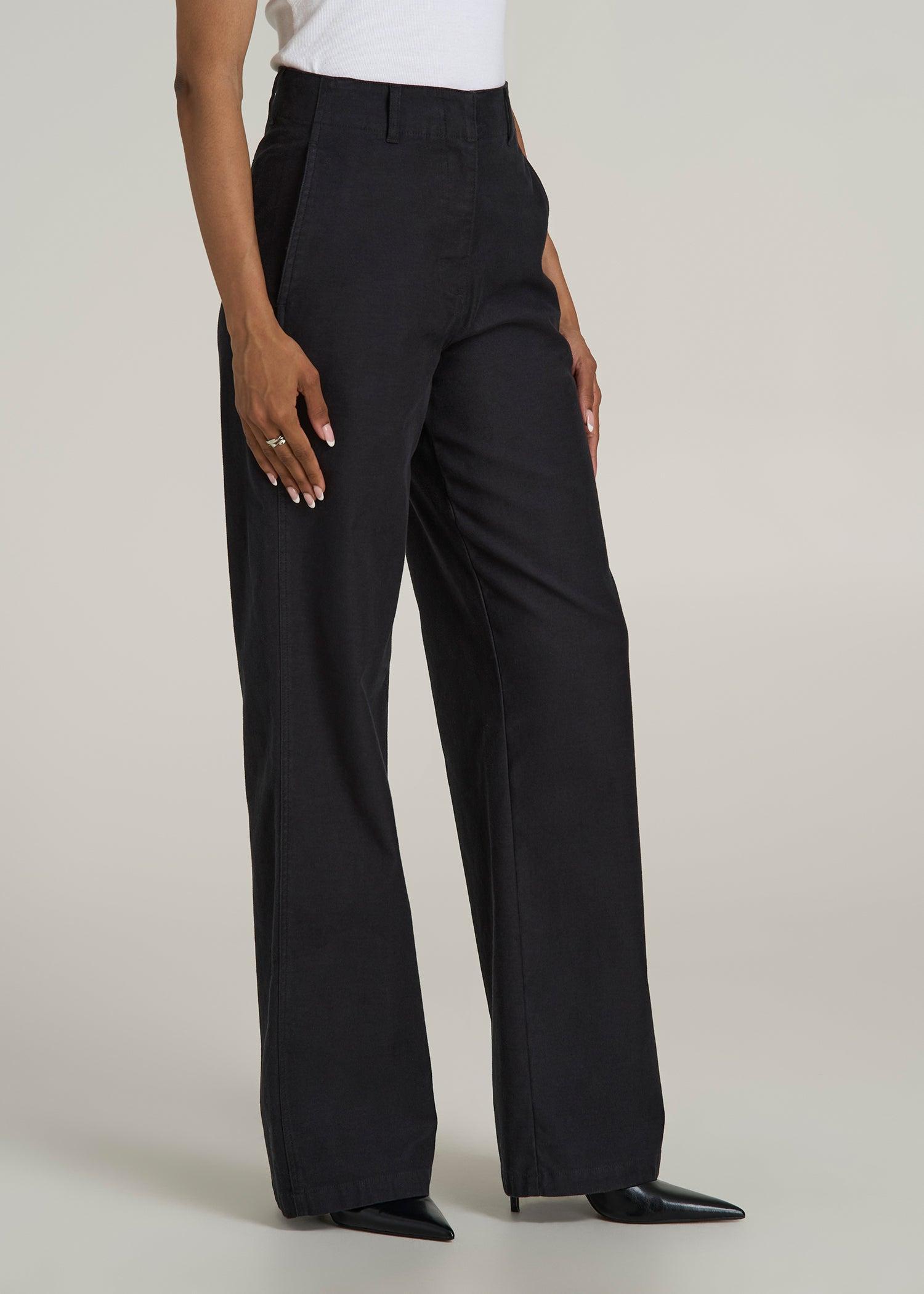 High-Rise Wide-Leg Flat-Front Chino Pants for Tall Women in Black Product Image