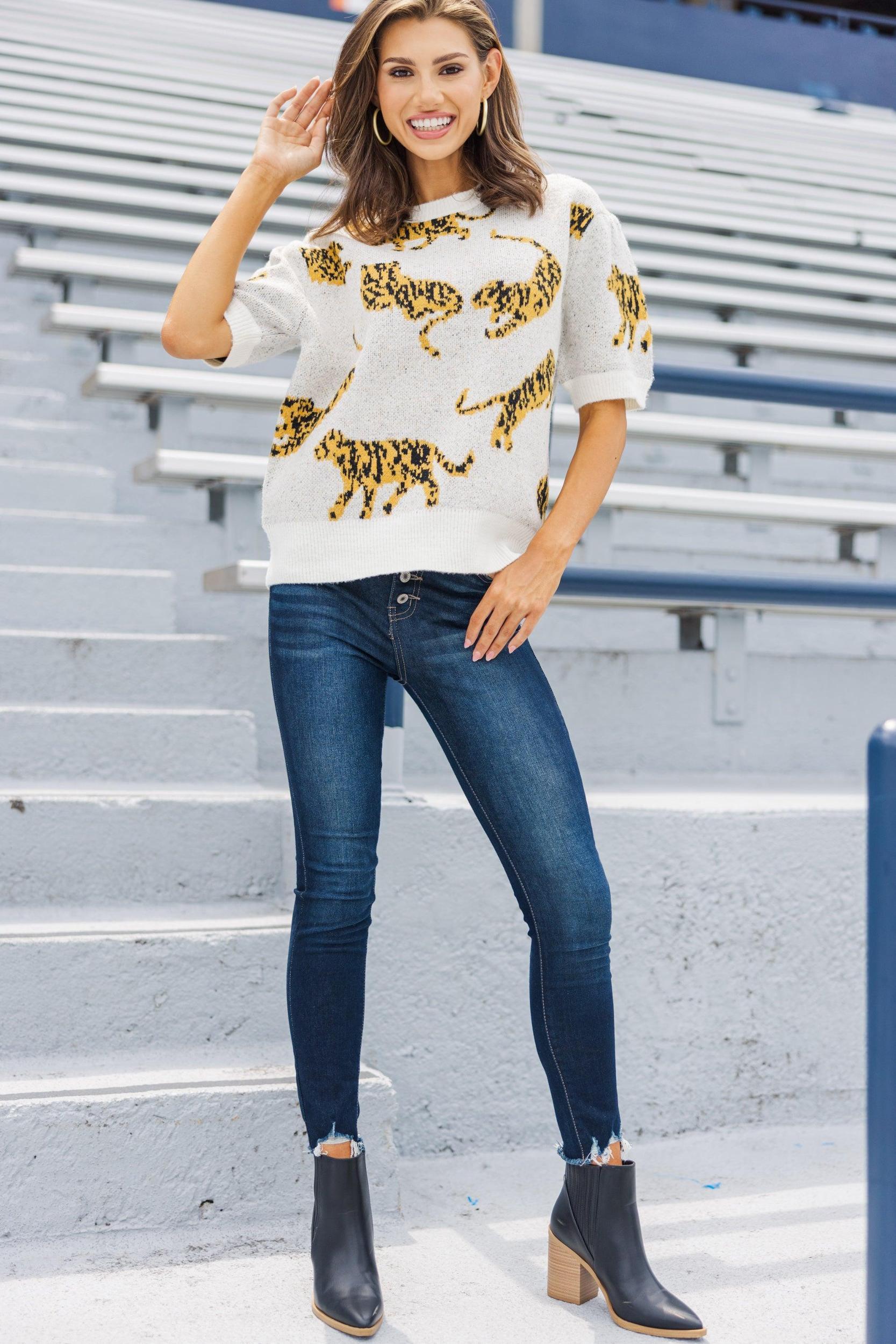 On The Prowl Ivory White Tiger S/S Sweater Female Product Image