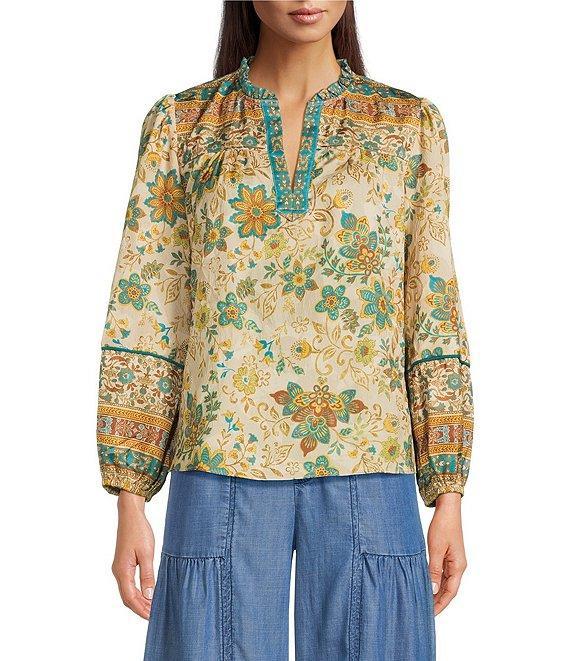 Current Air Floral Ruffled Split Collar Long Sleeve Blouse Product Image