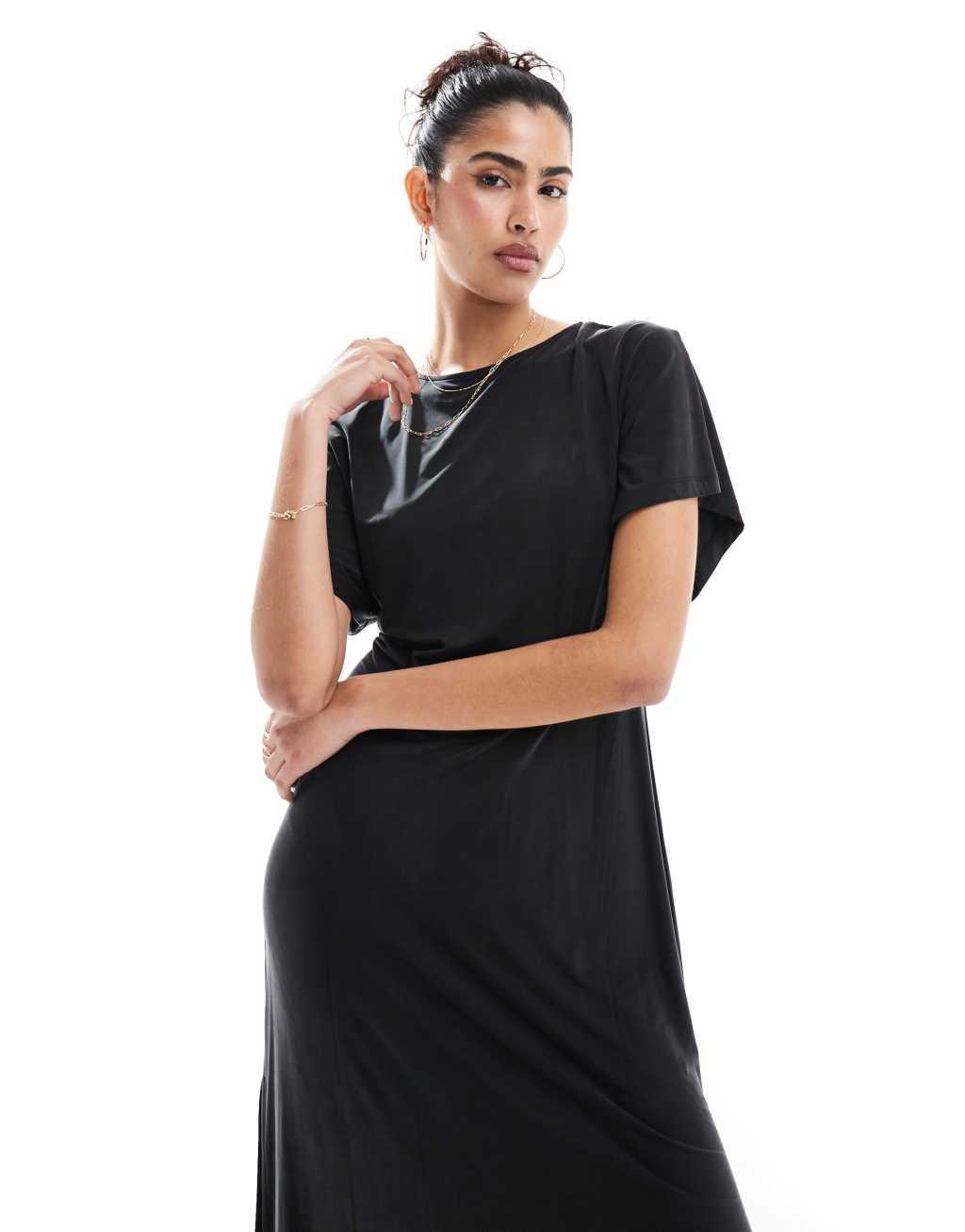 & Other Stories luxe jersey midi dress with boat neck and thigh slit in black Product Image