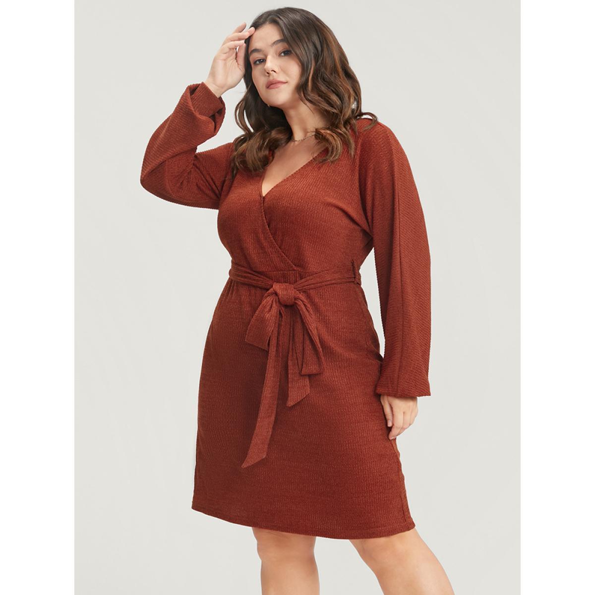 Plus Size Solid Surplice Neck Belted Knit Dress Russet Women Glamour Cross straps V-neck Long Sleeve Curvy Knee Dress BloomChic 14-16/1X Product Image