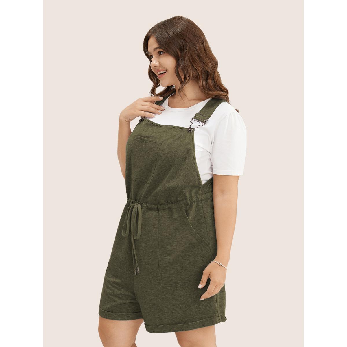 Plus Size ArmyGreen Solid Pocket Drawstring Overall Romper Women Casual Sleeveless Non Everyday Loose Jumpsuits BloomChic 22-24/3X Product Image