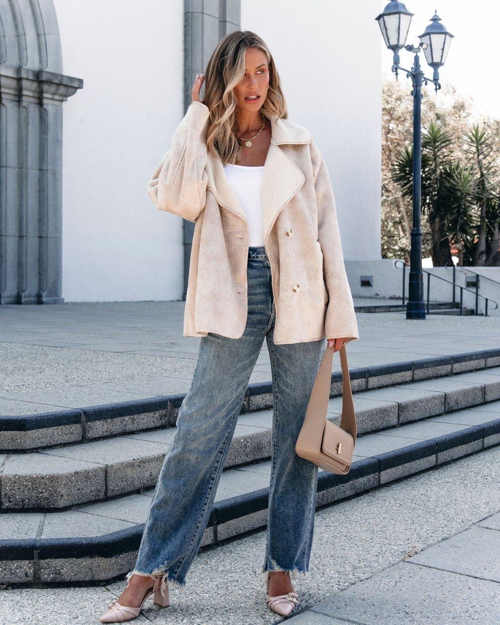 Muse By Magnolia Faux Suede Sherpa Jacket - Beige - FINAL SALE Female Product Image