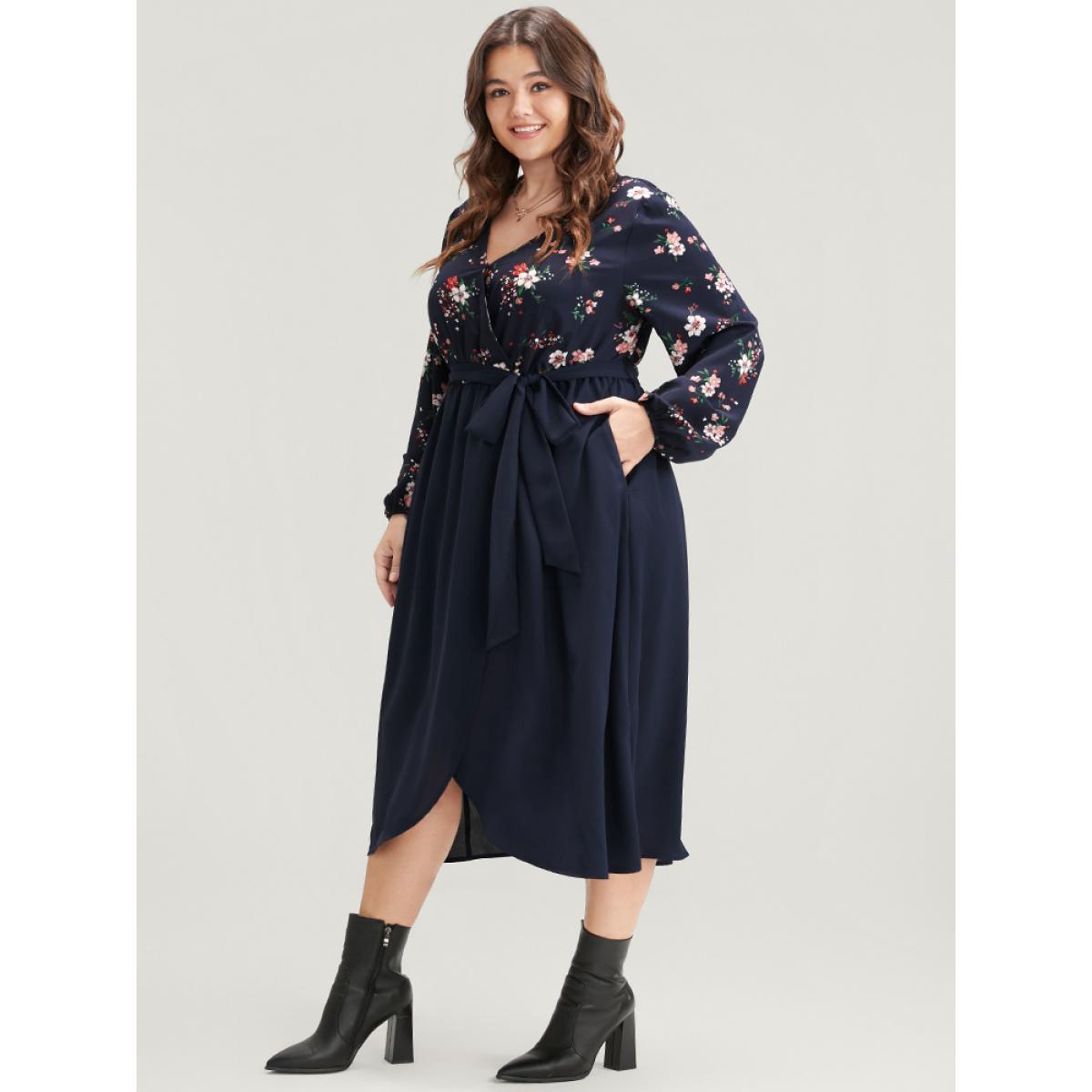 Plus Size Floral Print Wrap Pocket Belted Split Dress DarkBlue Women Elegant Elastic Waist V-neck Long Sleeve Curvy Midi Dress BloomChic 30/6X Product Image