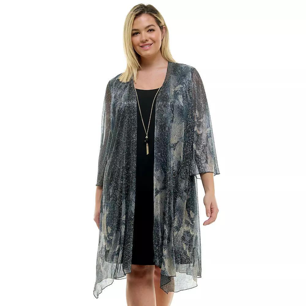 Plus Size Luxology 3-Piece Jacket & Shift Dress with Necklace, Women's, Size: 2XL, Black Gray Cream Product Image