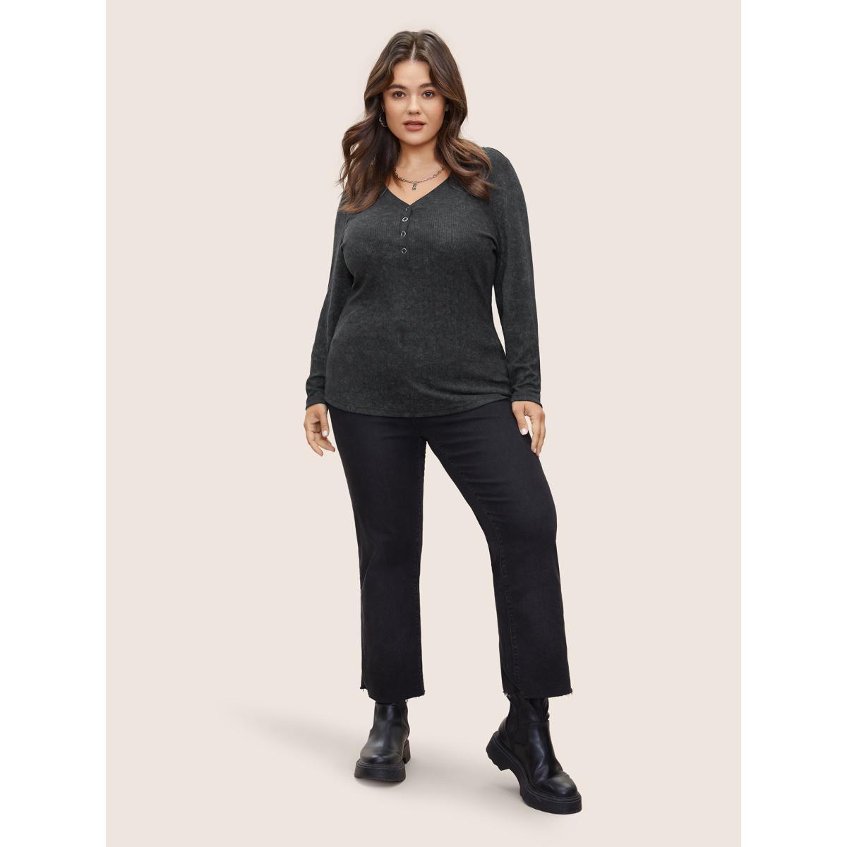 Plus Size Vintage Textured Button Up T-shirt Black Women Casual Texture Plain V-neck Everyday T-shirts BloomChic 22-24/3X Product Image
