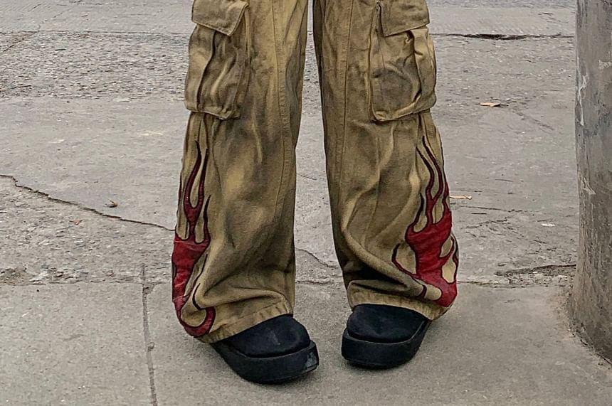Mid Waist Flame Print Washed Wide Leg Cargo Jeans Product Image