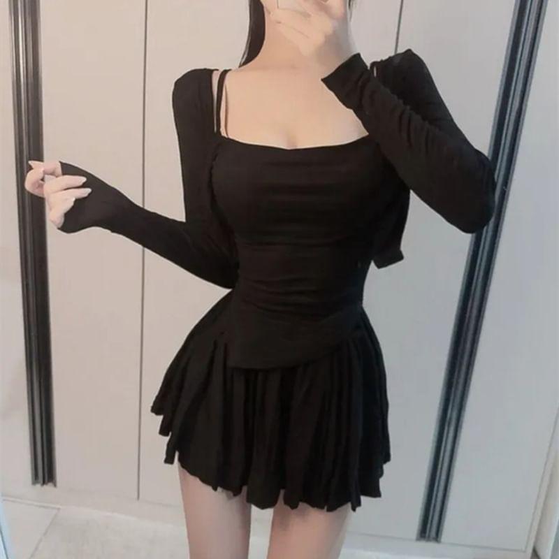 Set: Plain Asymmetrical Cami Top + Cropped Light Jacket + High Rise Mini A-Line Skirt Product Image