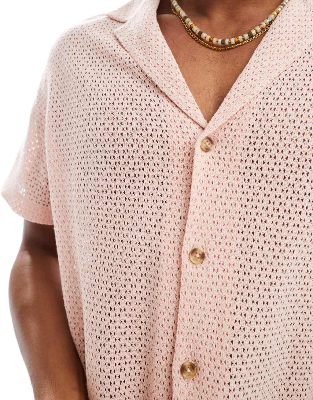 ASOS DESIGN short sleeve relaxed deep camp texture shirt in dusty pink Product Image