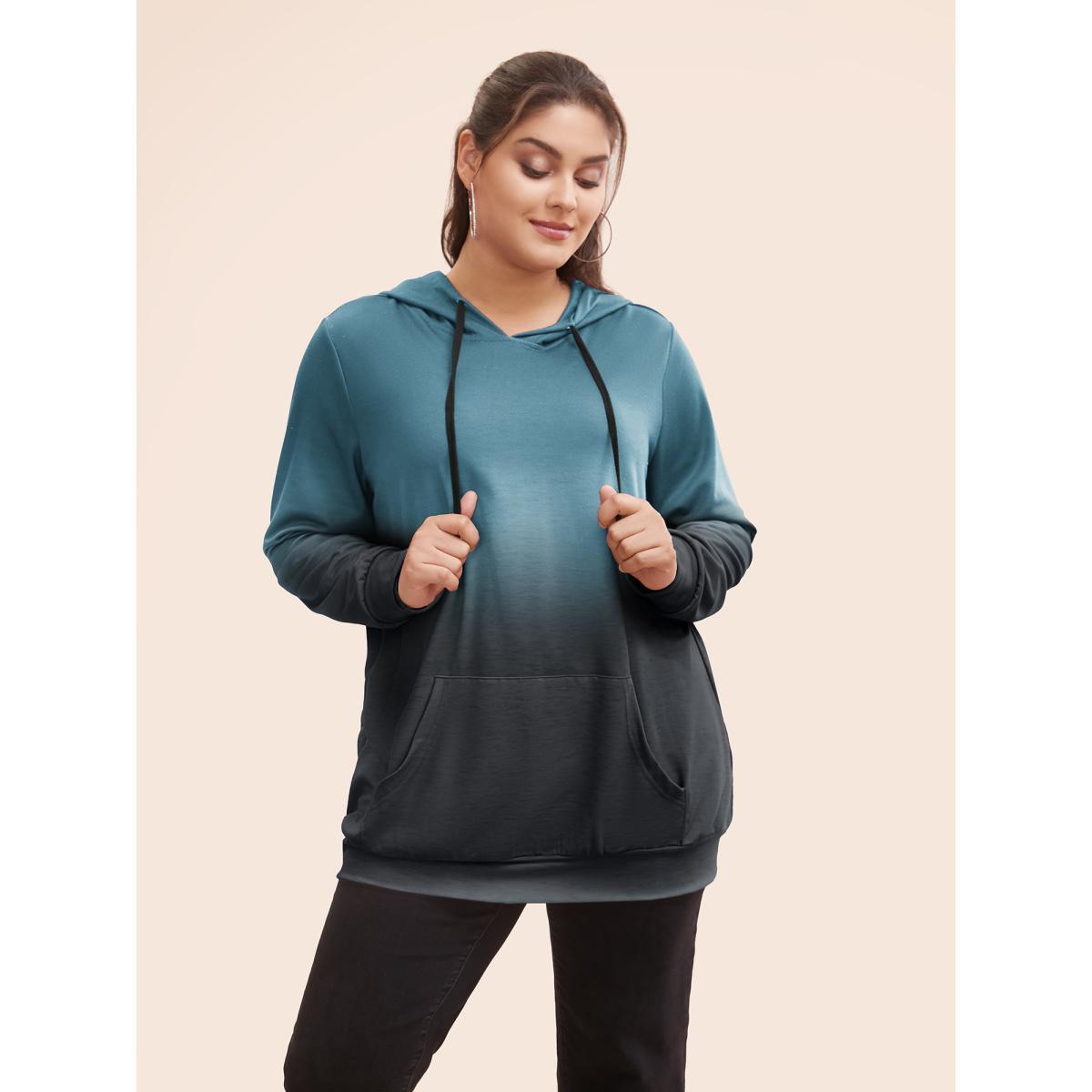 Plus Size Ombre Pocket Drawstring Hooded Sweatshirt Women Teal Casual Elastic cuffs Hooded Everyday Sweatshirts BloomChic 10/M Product Image