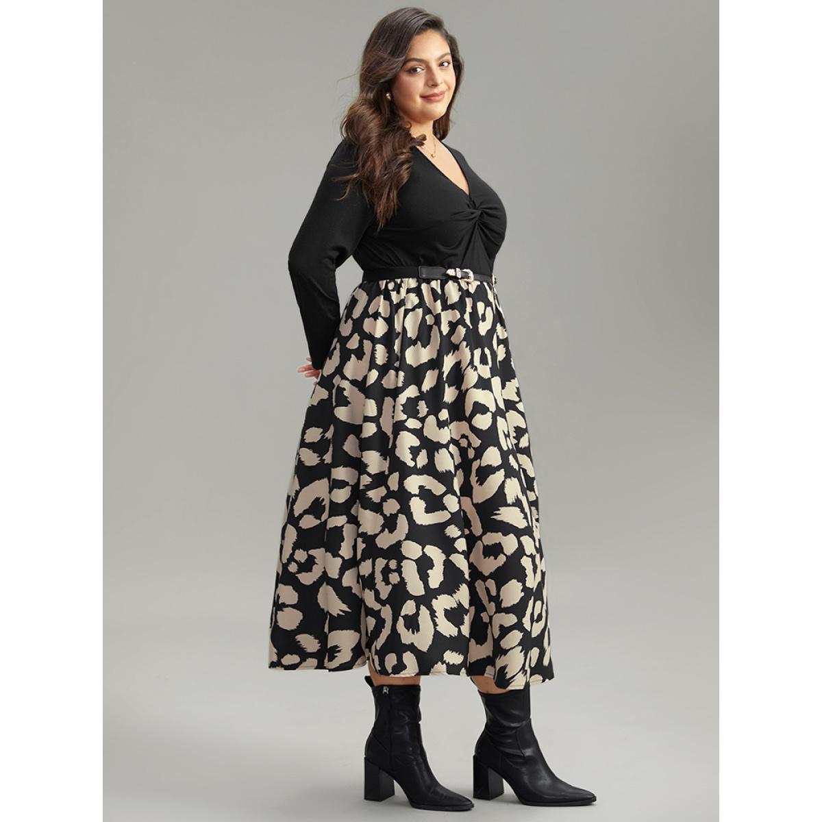 Plus Size Leopard Patchwork Pocket Twist Front Dress Black Women At the Office Printed V-neck Long Sleeve Curvy Midi Dress BloomChic 22-24/3X Product Image