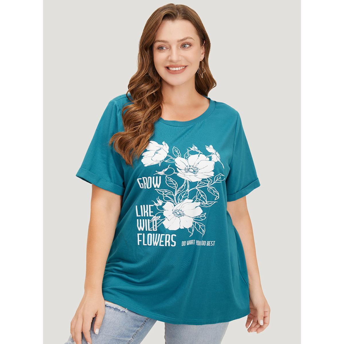 Plus Size Floral & Letter Roll Sleeve T-shirt Cerulean Women Casual Printed Natural Flowers Dailywear T-shirts BloomChic 18-20/2X Product Image