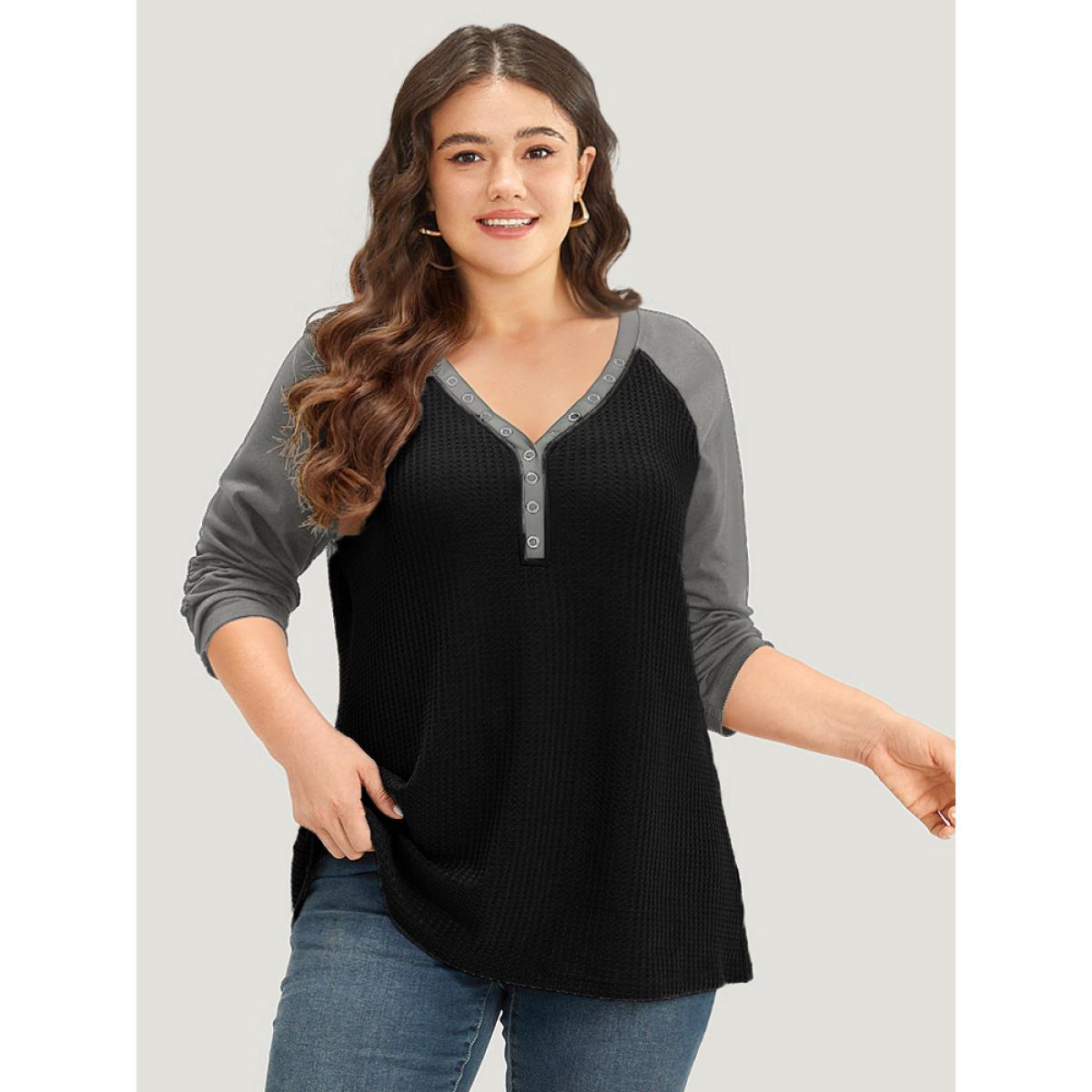 Plus Size Waffle Knit Raglan Sleeve Metal Buckle Detail T-shirt Burgundy Women Casual Contrast Plain V-neck Everyday T-shirts BloomChic 14-16/1X Product Image