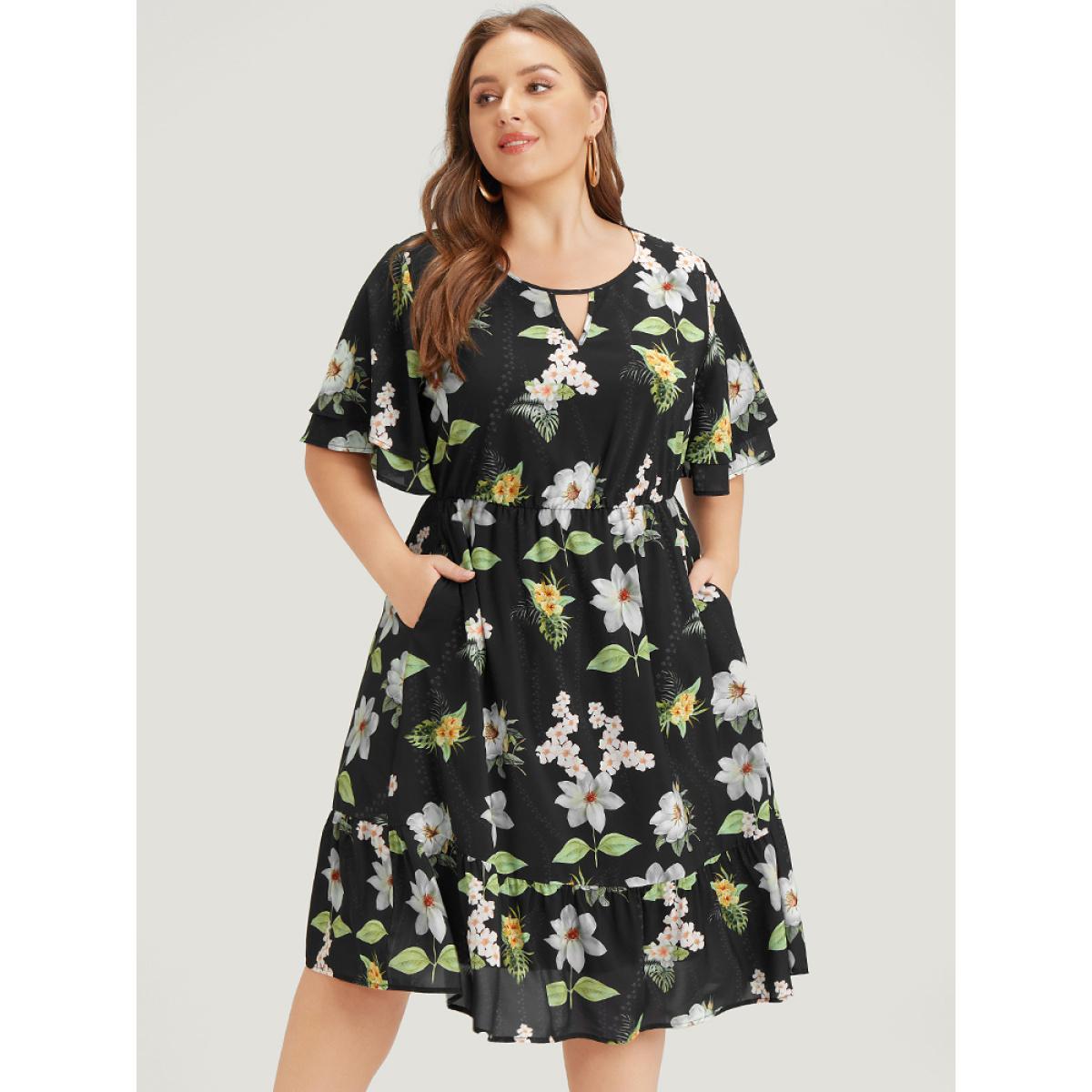 Plus Size Floral Print Ruffle Pocket Keyhole Round Neck Dress BlackFlower Women Elegant Keyhole V-neck Short sleeve Curvy Midi Dress BloomChic 10/M Product Image