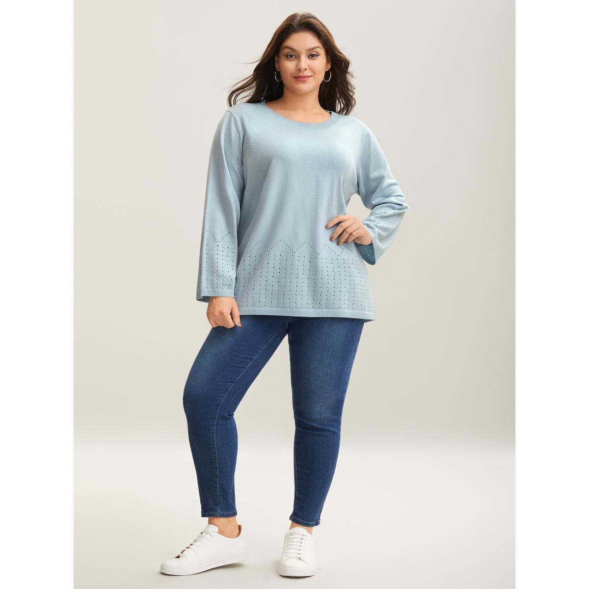 Plus Size Lightweight Woolen Cut-Out Pullover LightBlue Women Casual Loose Long Sleeve Round Neck Everyday Pullovers BloomChic 10/M Product Image