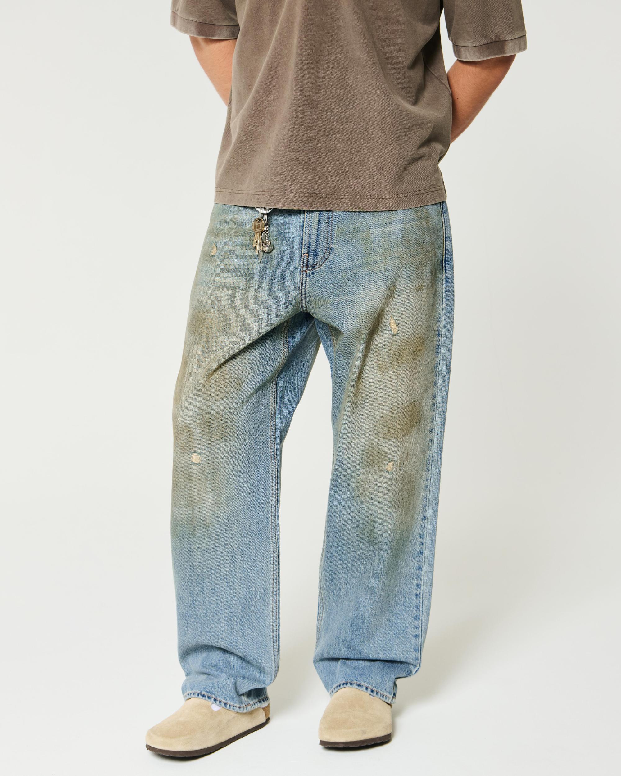 Distressed Greased Medium Wash Baggy Jeans Product Image