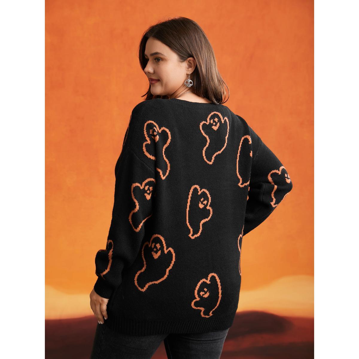Plus Size Spooky Ghost Pattern V-Neck Pullover Black Women Casual Loose Long Sleeve V-neck Everyday Pullovers BloomChic 26/4X Product Image