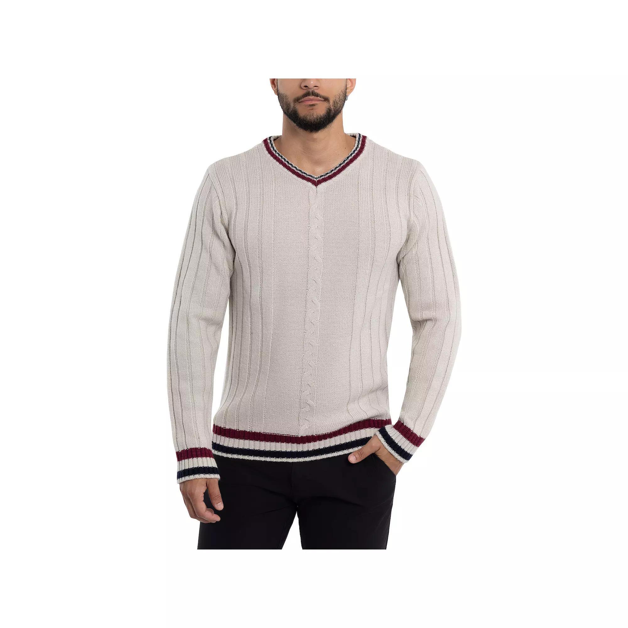 Men's Xray Cable Knit Tipped V-Neck Sweater, Size: Large, Grey Product Image