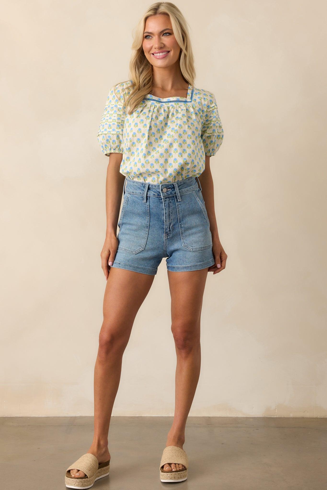 Right Where You Are Blue Floral Cotton Puff Sleeve Top Product Image