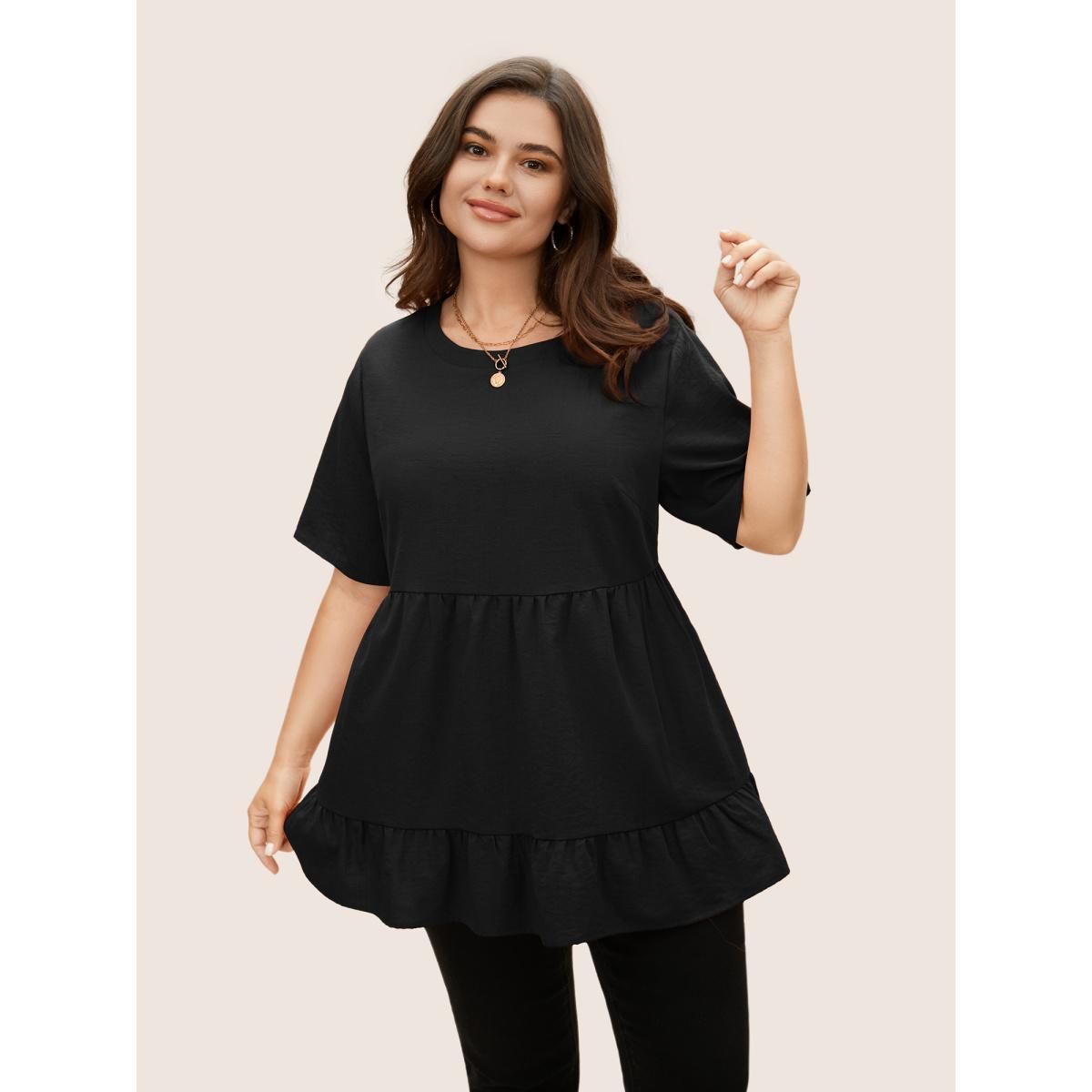 Plus Size Black Solid Crew Neck Ruffle Hem Blouse Women Casual Short sleeve Round Neck Everyday Blouses BloomChic 26/4X Product Image