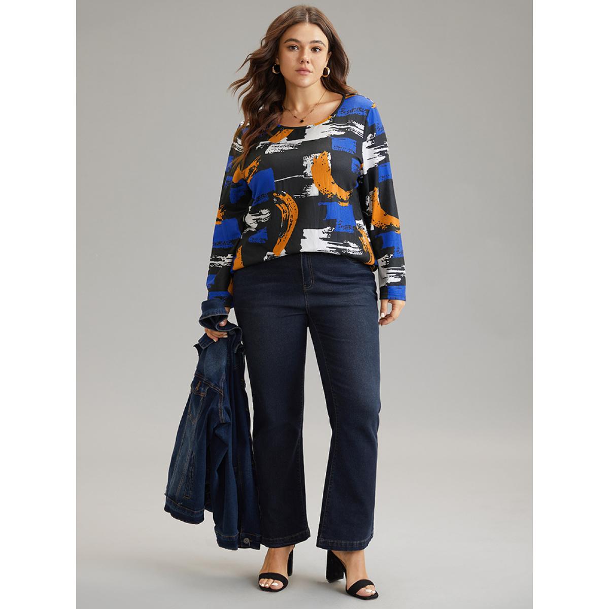 Plus Size Brush Print Contrast Round Neck T-shirt Black Women Elegant Contrast Colorblock Round Neck Dailywear T-shirts BloomChic 14-16/1X Product Image