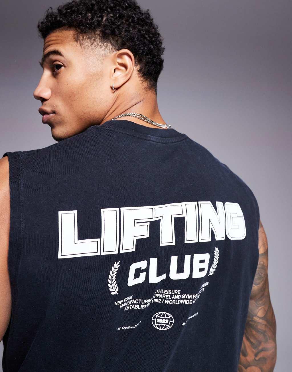 4505 back print oversized heavyweight cotton pump training tank top with quick dry finish in washed black  Product Image