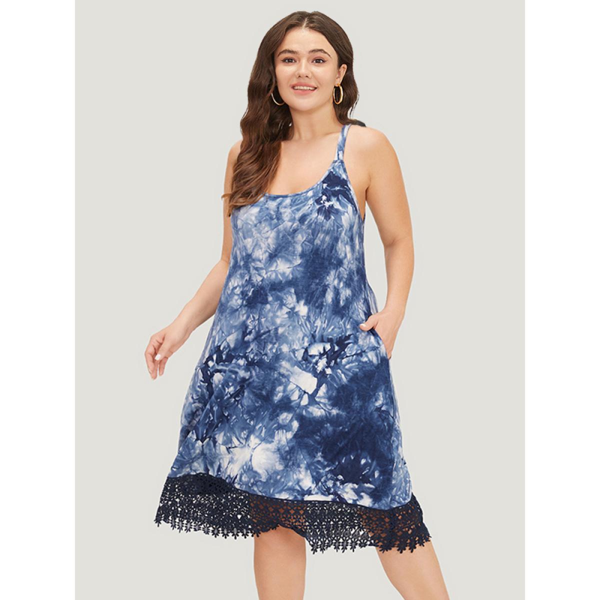 Plus Size Tie Dye Pocket Lace Hem Cami Dress Indigo Women Vacation Adjustable Straps Spaghetti Strap Sleeveless Curvy Midi Dress BloomChic 22-24/3X Product Image