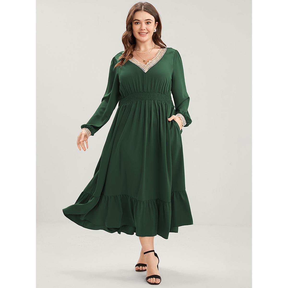 Plus Size Solid Lantern Sleeve Shirred Pocket Lace Trim Ruffle Hem Dress Green Women Elegant Patchwork V-neck Long Sleeve Curvy Midi Dress BloomChic 14-16/1X Product Image