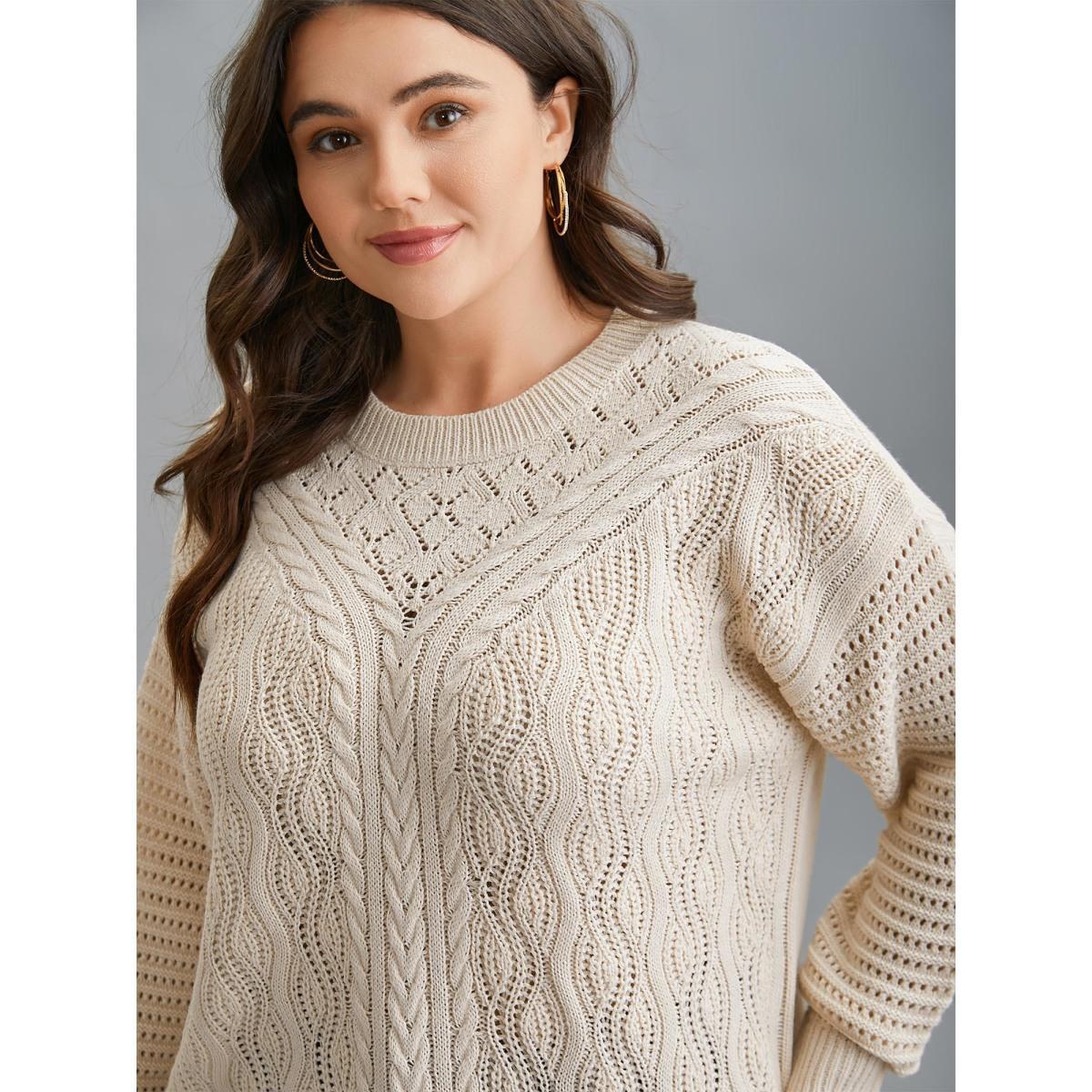 Plus Size Cable Knit Hollow Out Textured Pullover Apricot Women Casual Loose Long Sleeve Round Neck Everyday Pullovers BloomChic 26/4X Product Image