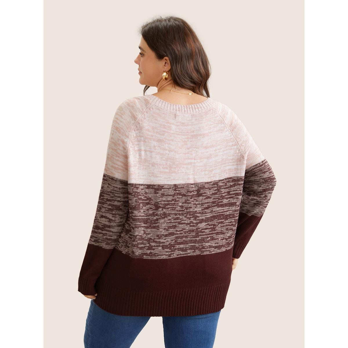 Plus Size Colorblock Contrast Heather Button Detail Pullover Maroon Women Casual Long Sleeve Round Neck Everyday Pullovers BloomChic 12/L Product Image