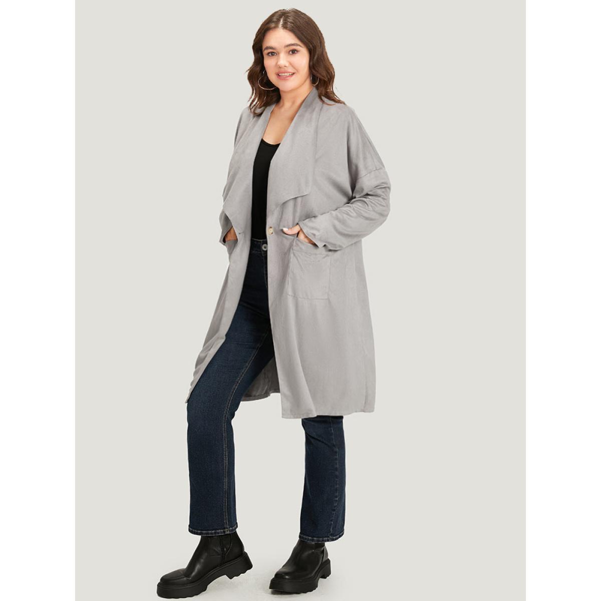 Plus Size Solid Lapel Collar Patched Pocket Faux Suede Coat Women DarkGray Casual Plain Ladies Dailywear Winter Coats BloomChic 26/4X Product Image