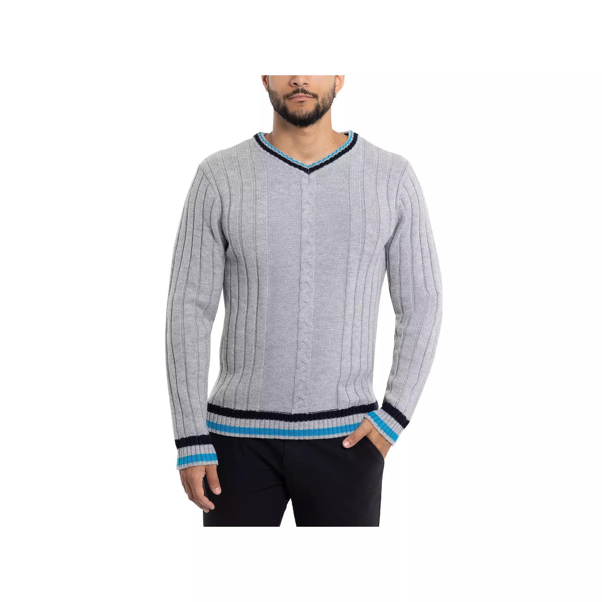 Men's Xray Cable Knit Tipped V-Neck Sweater, Size: Large, Grey Product Image